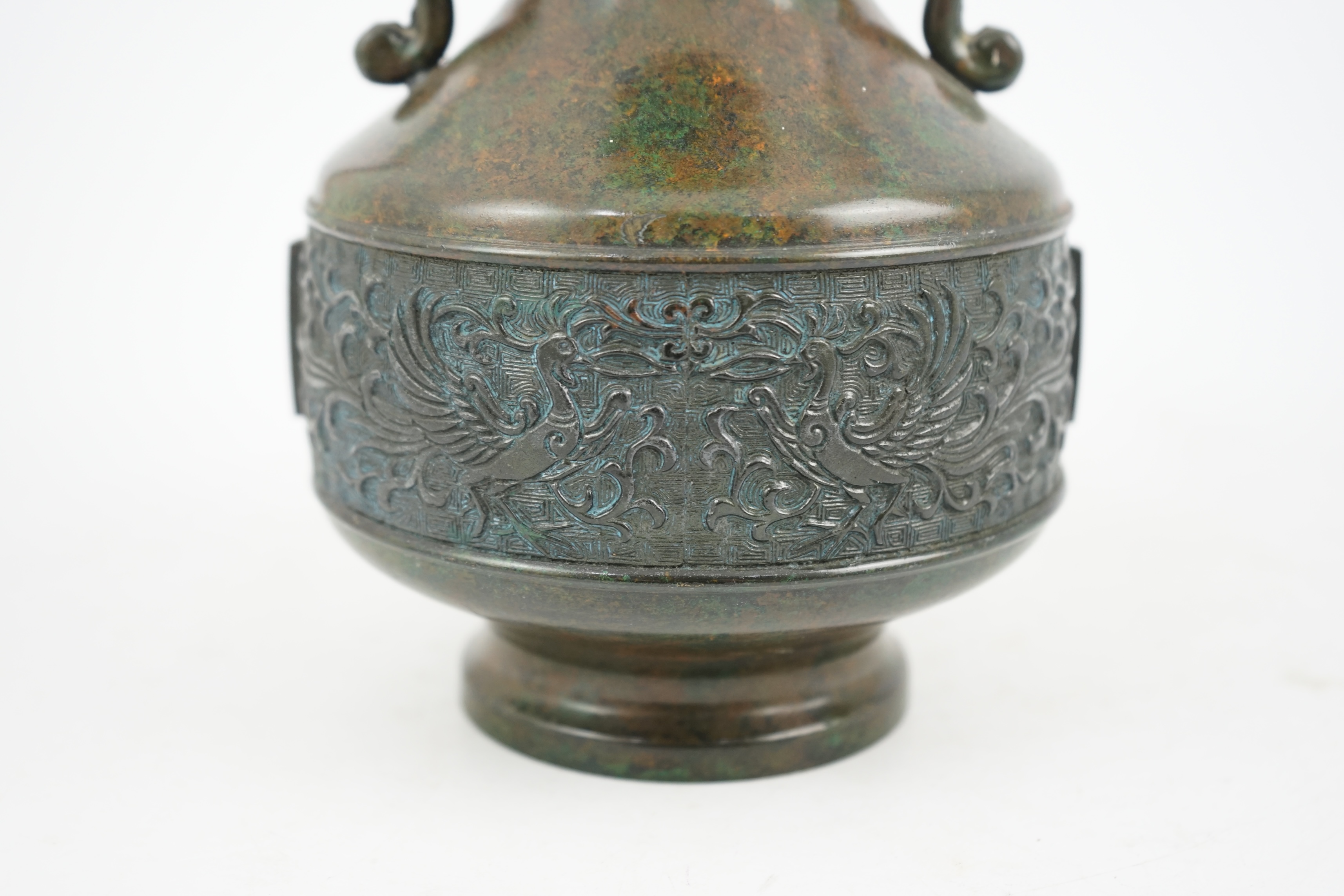 A Japanese green patinated bronze vase, 20th century, 25cm high. Condition - good